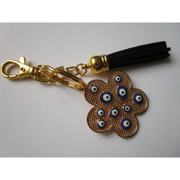 Gold tone blue evil eye flower charm key chain black leather tassel purse charm - Picture 8 of 10